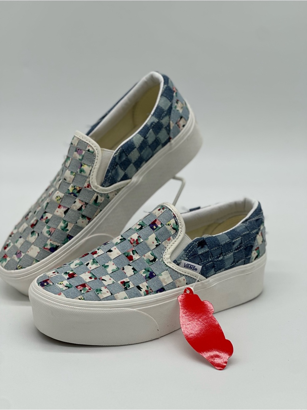 Vans Checkerboard Floral Woven Slip-On Platform Sneakers - Blue/White